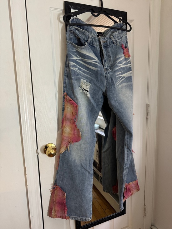 Micas Denim - Trendy Distressed Patchwork Jeans Pink Wide Leg Y2K